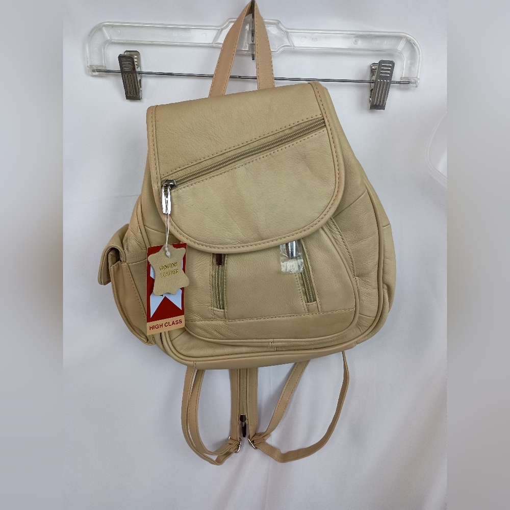 NWT Beige Tan Army Utility Genuine‎ Leather Backpack Purse